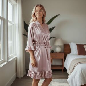 Event Blossom Pink Satin Ruffle Short Robe Tie Waist Size Large‎